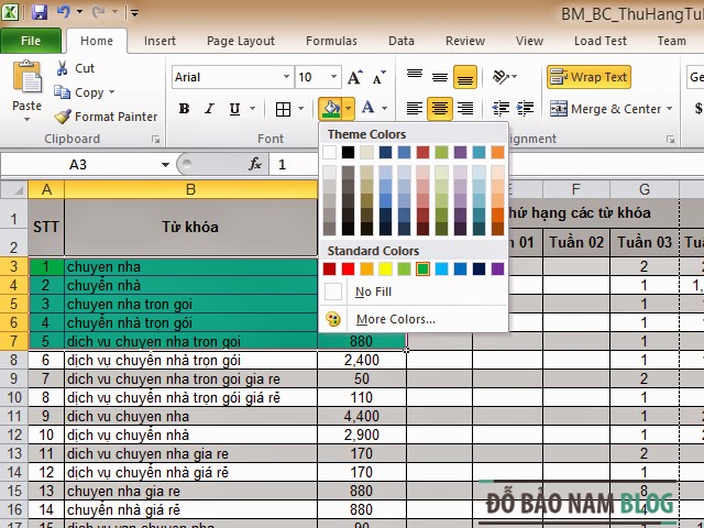 Cách đổ màu trong Excel