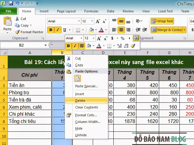 Cách xóa cột trong Excel