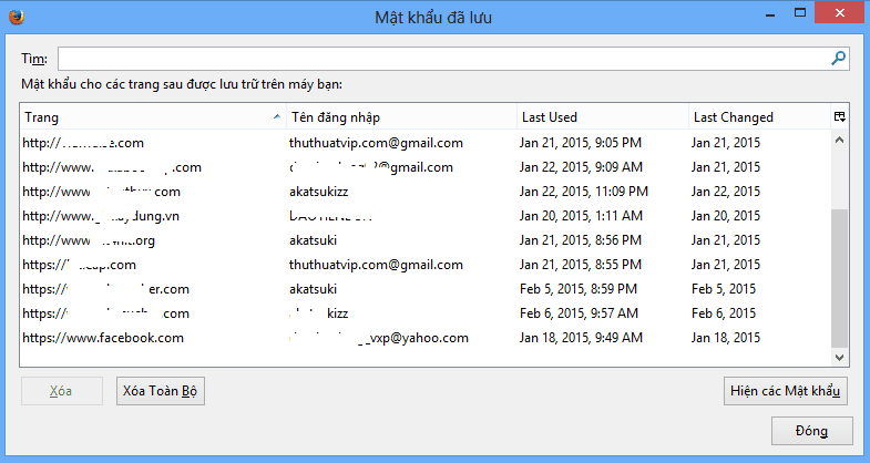Hiện các mật khẩu đã lưu trên trình duyệt firefox