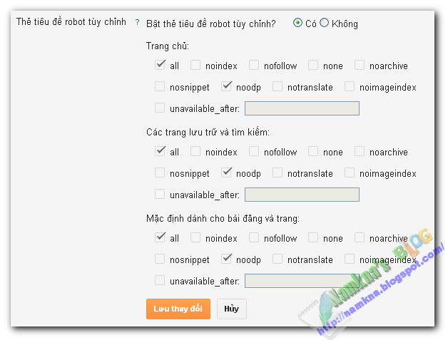 Cài đặt "Thẻ tiêu đề robot tùy chỉnh" (Custom Robots Tags) cho blogger