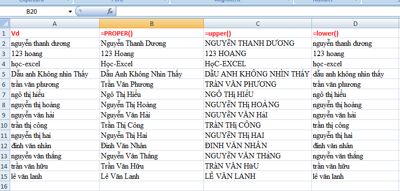 Tự động viết hoa kí tự đầu tiên Họ Và Tên trong Excel PROPER UPPER LOWER