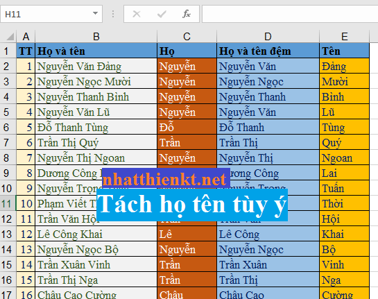 Tách họ tách tên trong Excel 2016 đơn giản trong 1 giây