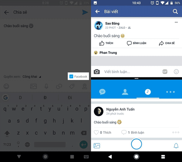 Đăng status lên Zalo và Facebook