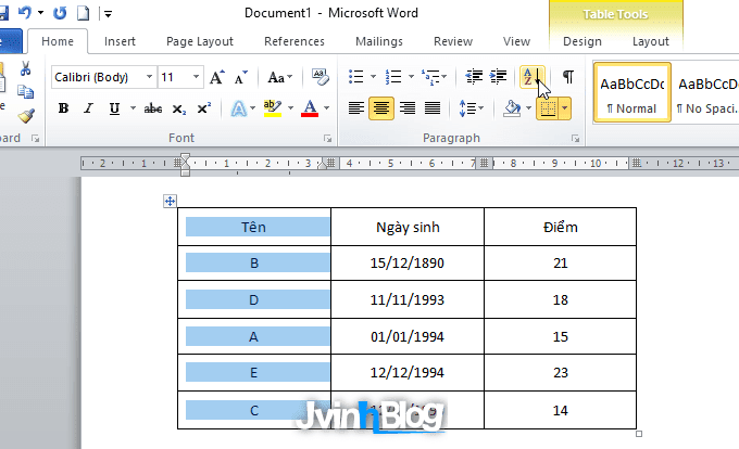 Cách sắp xếp dữ liệu trong bảng Word 2007, 2010, 2013, 2016