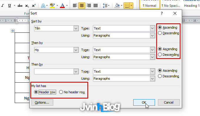 Cách sắp xếp dữ liệu trong bảng Word 2007, 2010, 2013, 2016