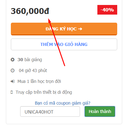 Coupon giảm giá 40% tất cả khóa học của Unica