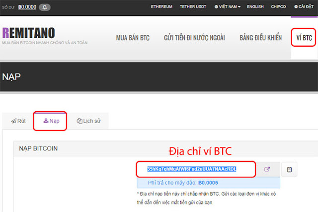 nạp bitcoin vào ví remitano