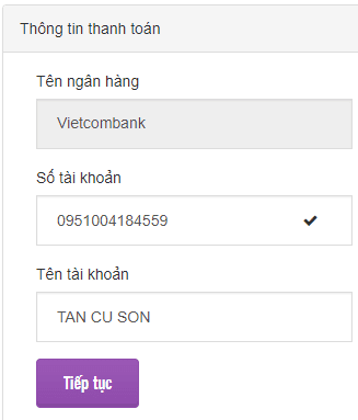 Nhập vào thông tin tài khoản ngân hàng