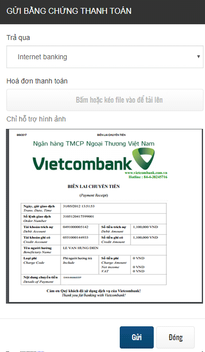 gửi bằng chứng thanh toán vietcombank