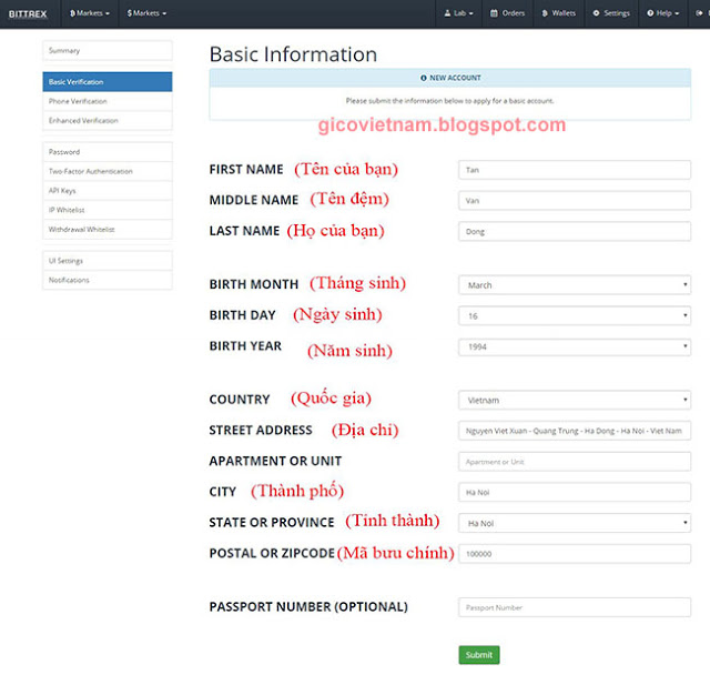 Nhập thông tin cơ bản trên Bittrex