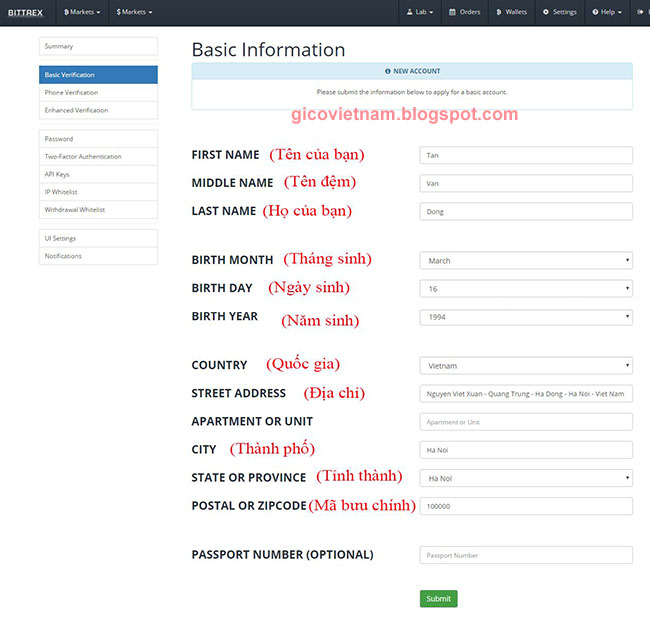 Nhập thông tin cơ bản trên Bittrex